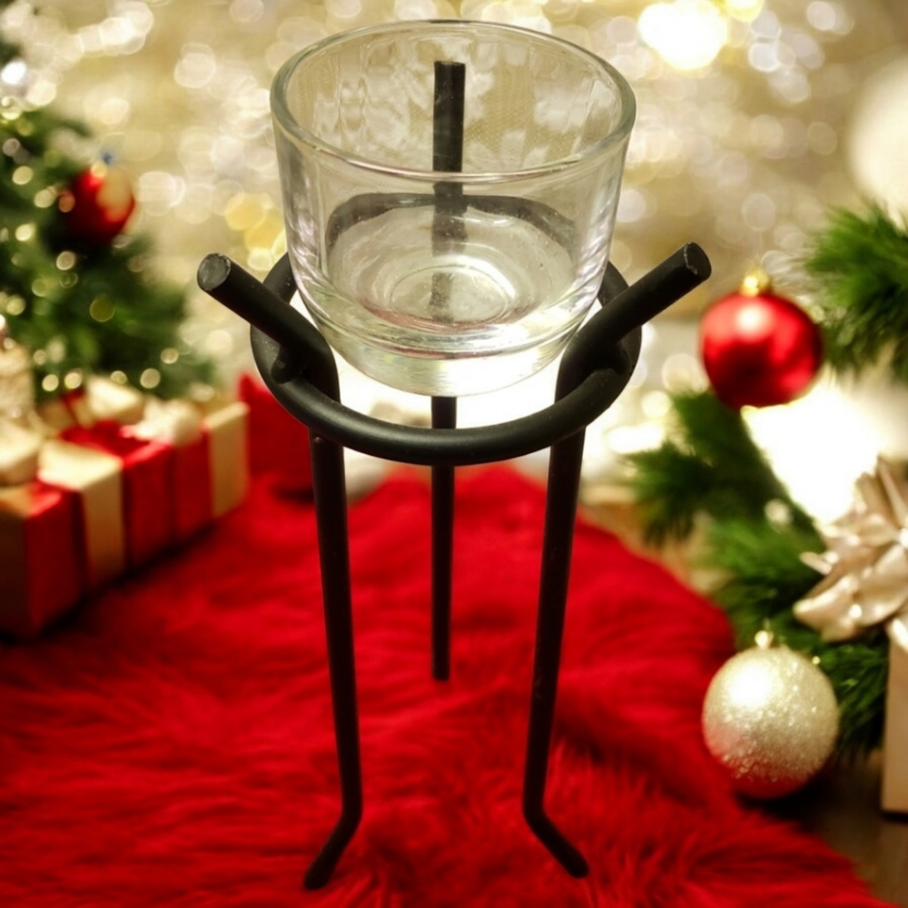 Vtg Wrought Iron & Glass Candle Holder